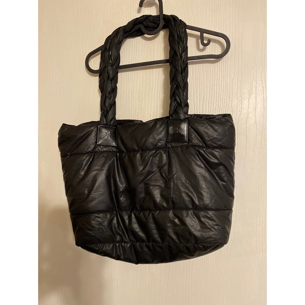 Kim Kardashian Black Puffer Tote Bag Braided Straps Quilted Pink Lining Logo